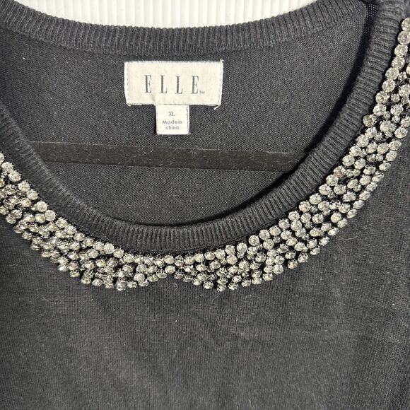 Elle XL Black Sweater Top w/ Silver Jeweled Collar Neckline‎ Sz XL Preppy Demure - Picture 2 of 7